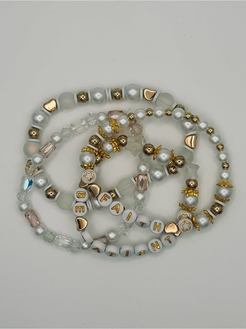 White and Gold 'Faith' Beaded Stretch Bracelet Set